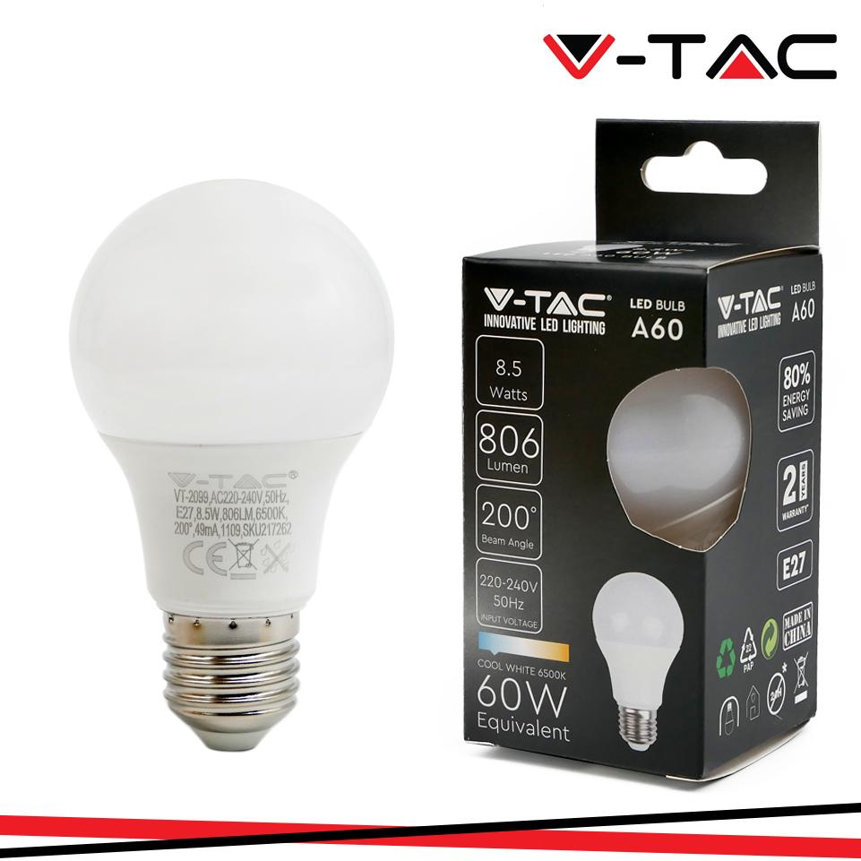 LAMPADA LED E27 8.5W 6500K TONDA A60 LUCE FREDDA