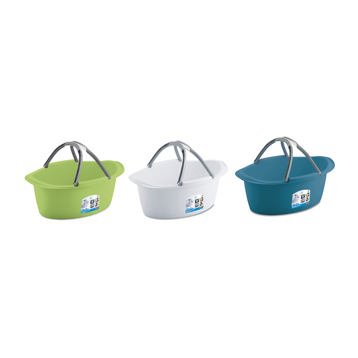 STEFANPLAST SUPER BACINELLA STELLA OVALE 60 CM CON MANICI 25 LT BIANCA, VERDE, BLU