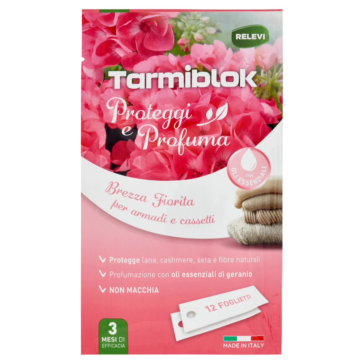 RELEVI TARMIBLOK PROTEGGI E PROFUMA 12 FOGLI GERANIO ARMADI E CASSETTI