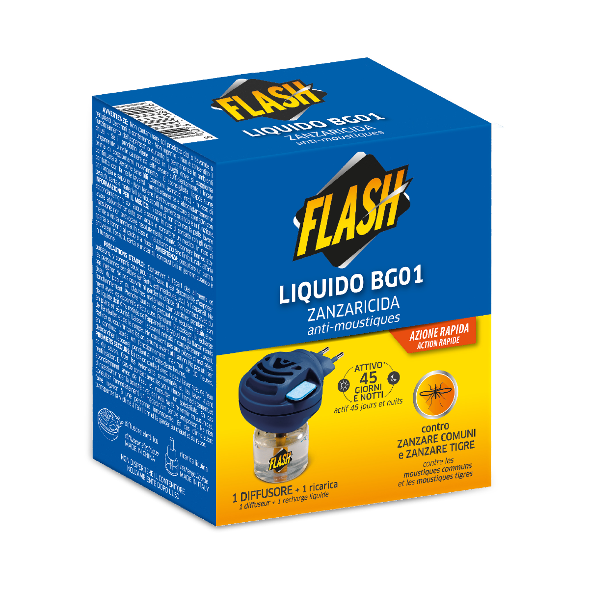FLASH INSETTICIDA ZANZARE BASE LIQUIDO O PIASTRINE + RICARICA LIQUIDA 45 NOTTI