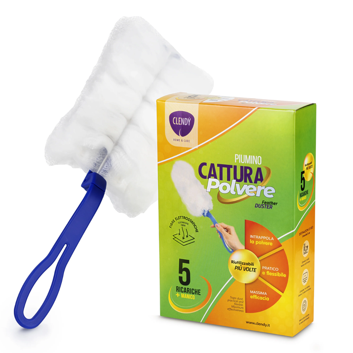 CLENDY PIUMINO CATTURAPOLVERE KIT MANICO + 5 RICAMBI PROFUMATO (TIPO SWIFFER DUSTER)